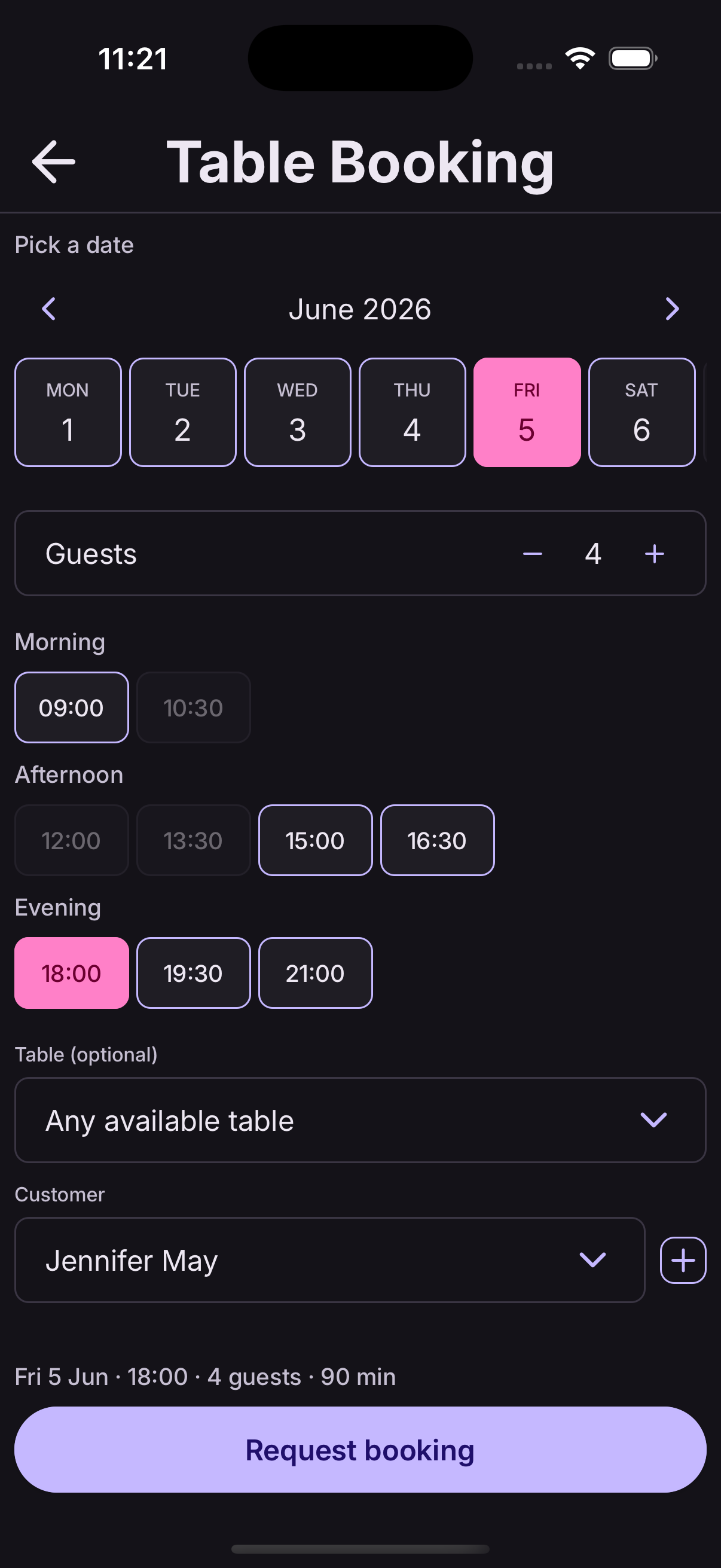 Adding a table booking in At9