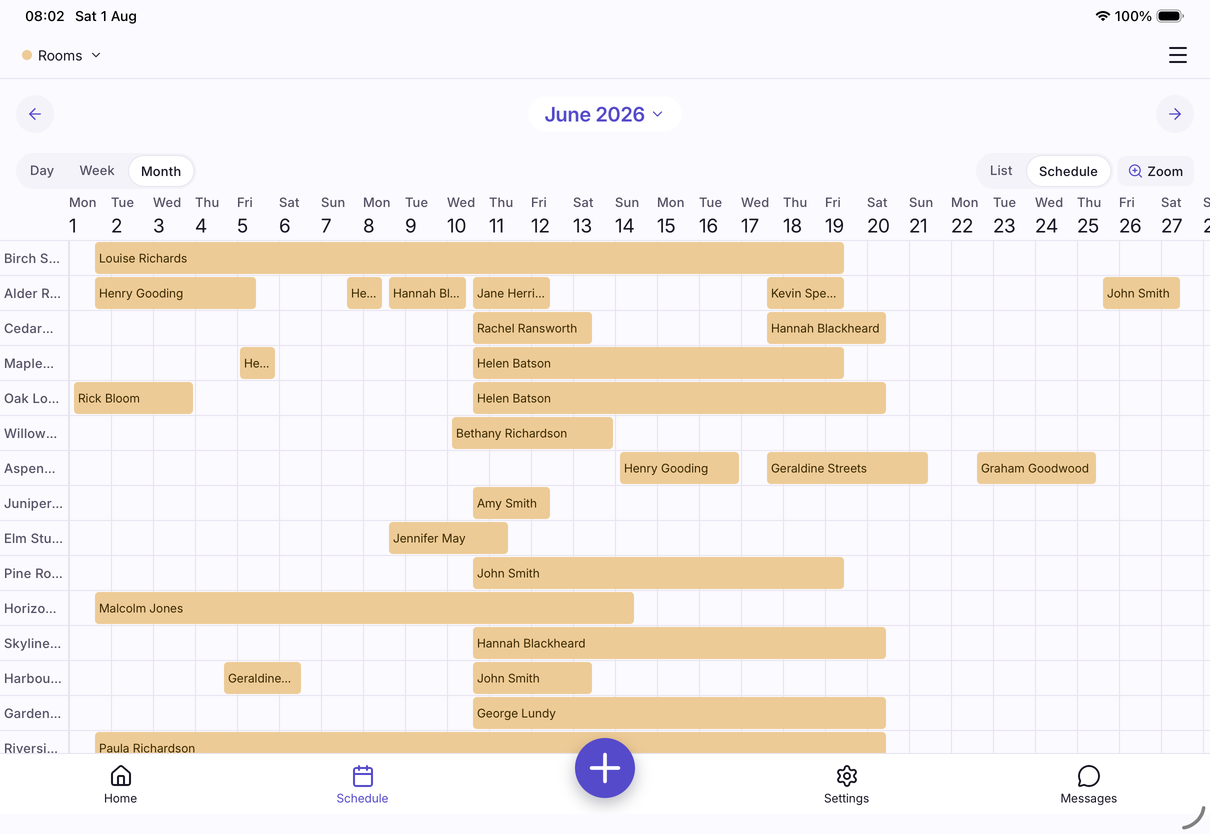 The At9 schedule on a tablet — every room, table, class and appointment laid out across one view